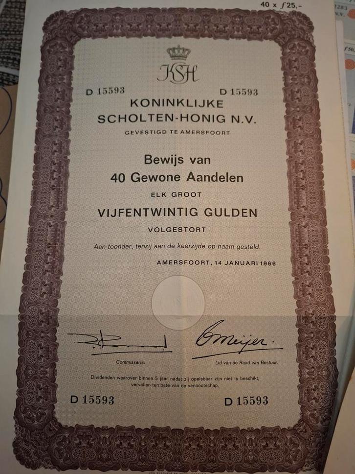 Aandeel Koninklijke Scholten-Honig N.V. 1966, Postzegels en Munten, Aandelen en Waardepapieren, Aandeel, 1950 tot 1970, Ophalen of Verzenden
