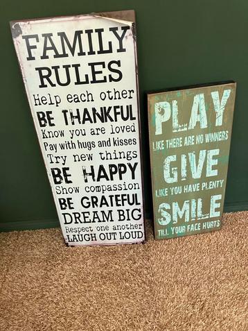 Vintage Tekstborden - Family Rules & Play beschikbaar voor biedingen