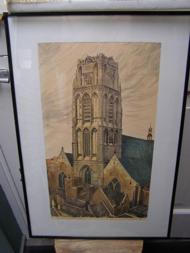 Kleur ets van de Laurenskerk Rotterdam voor 1940 ingelijst, Antiek en Kunst, Kunst | Etsen en Gravures, Ophalen of Verzenden