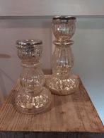 2 glazen kandelaars"ouweluiszilver"., Ophalen of Verzenden, Zo goed als nieuw, Overige materialen, Minder dan 25 cm