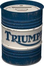 Triumph logo blauw spaarpot van metaal oil barrel reclame