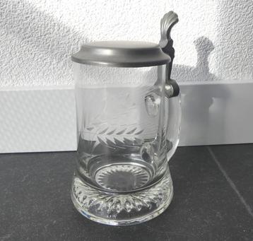 Vintage bierpul glas tinnen deksel korenaren gravure beschikbaar voor biedingen