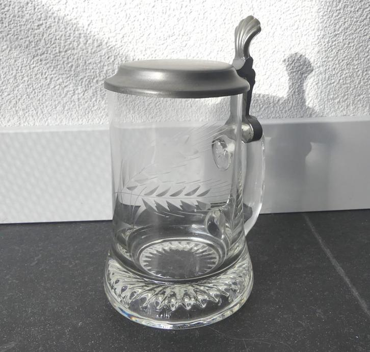 Vintage bierpul glas tinnen deksel korenaren gravure, Huis en Inrichting, Keuken | Servies, Gebruikt, Glas of Glazen, Effen, Glas