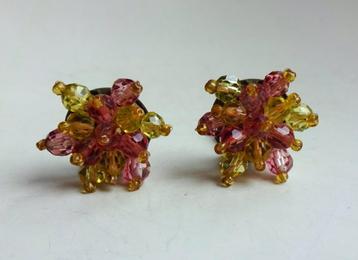 Oude Italiaanse oorbellen / clips: geel + roze glazen kralen