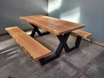 Picknicktafel staal en douglas/lariks hout. X frame Boomstam, Tuin en Terras, Picknicktafels, Nieuw, Rechthoekig, Ophalen of Verzenden