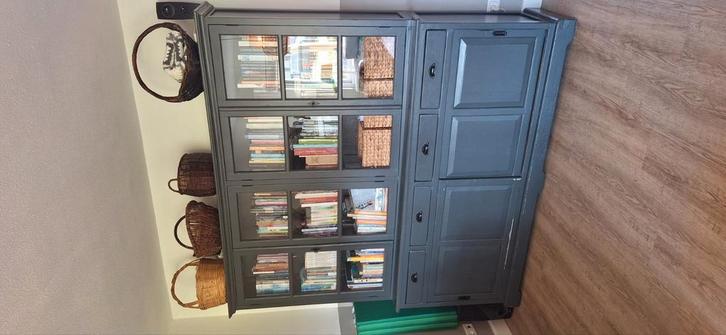 Massief teak houten buffet/vitrinekast  – grijs – 21020546, Huis en Inrichting, Kasten | Buffetkasten, Gebruikt, 200 cm of meer