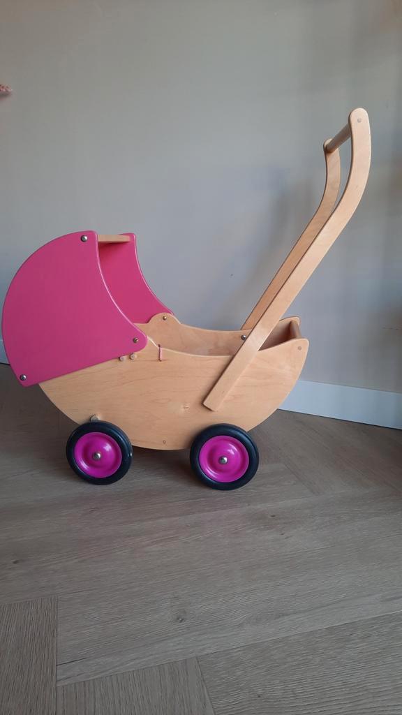 Van Dijk Houten Poppenwagen Roze, met inleg +verstelbare kap, Kinderen en Baby's, Speelgoed | Poppen, Zo goed als nieuw, Overige typen