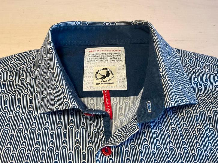 👔 A Fish Named Fred maat L lange mouw all over print, Kleding | Heren, Overhemden, Zo goed als nieuw, Halswijdte 41/42 (L), Blauw