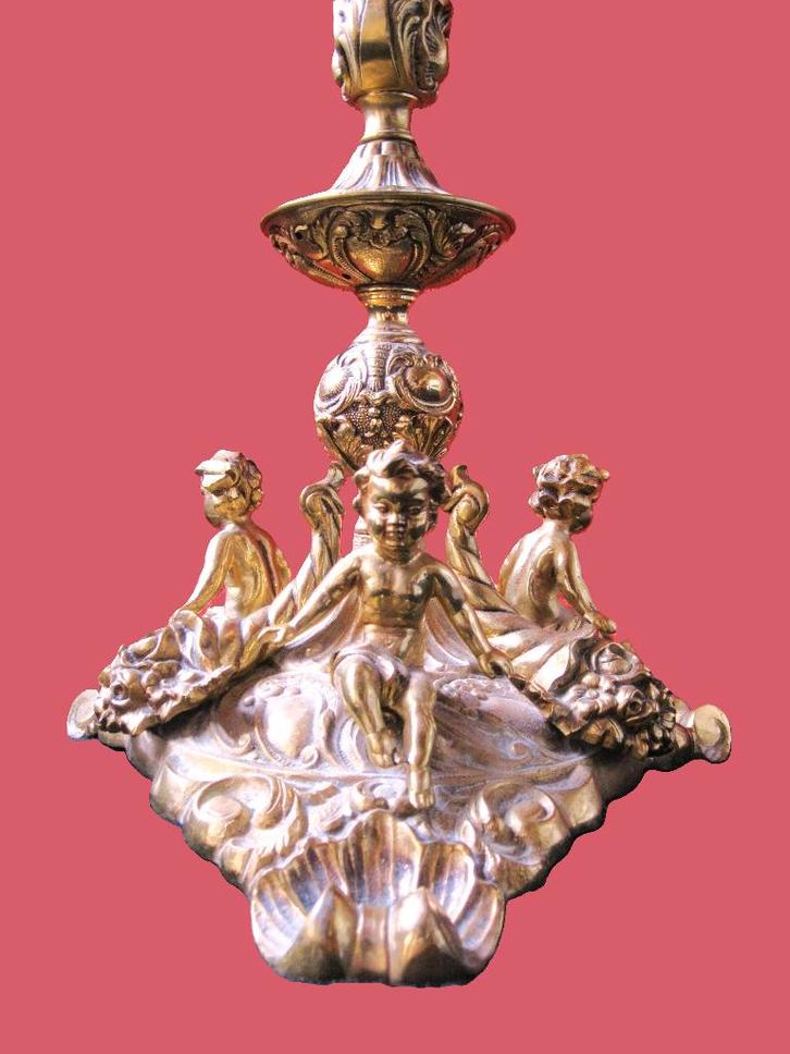 Koperen staande lamp met puti op voet., Antiek en Kunst, Antiek | Lampen, Ophalen