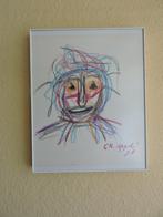 Crayon Tekening Karel Appel  Figuur Gesigneerd Ingelijst, Ophalen of Verzenden