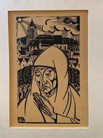 Franken, J. Pzn. Houtsnede Biddende vrouw, Antiek en Kunst, Ophalen of Verzenden
