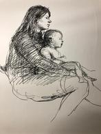 rotaprent Aad Velthoen zittende moeder met kind, 1964, Antiek en Kunst, Ophalen of Verzenden