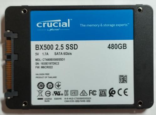 480GB SSD Crucial BX500  SATA 6Gb/s, Computers en Software, Harde schijven, Gebruikt, Laptop, Intern, SSD, SATA, Verzenden