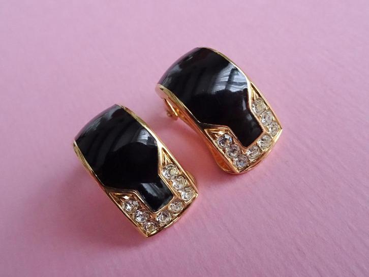 jwg Vintage 70s 80s zwart emaille strass oorbellen verguld, Sieraden, Tassen en Uiterlijk, Antieke sieraden, Oorbellen, Overige materialen