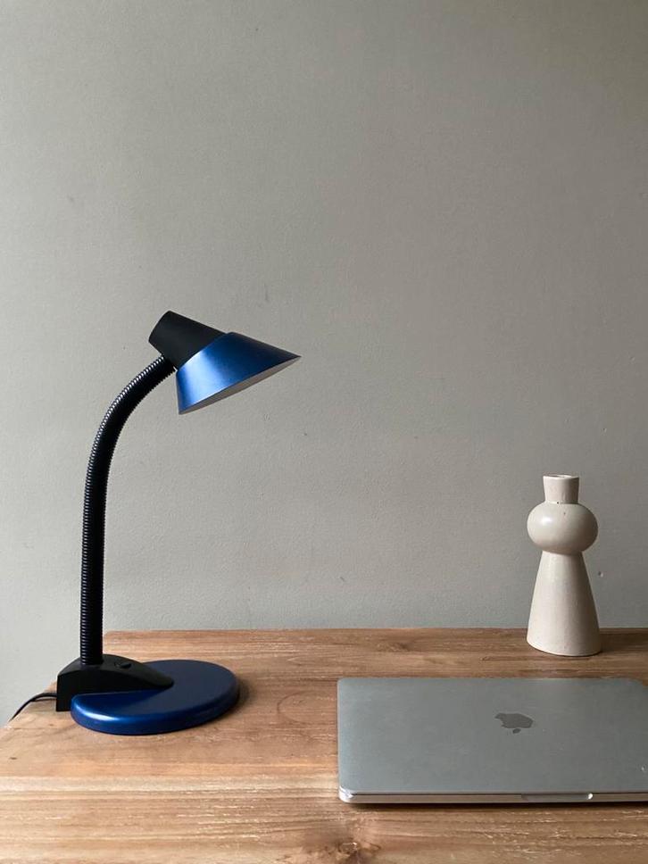Vintage Hema Bureaulamp - Blauw Metallic, Huis en Inrichting, Lampen | Tafellampen, Gebruikt, Minder dan 50 cm, Metaal, Ophalen of Verzenden