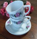 Set van 2 brocante kopjes met schotel, roze roos, Bavaria, Antiek en Kunst, Ophalen of Verzenden