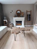 Boomschijf salontafel met schors en mat zwart metalen poten, Ophalen, 50 tot 100 cm, Rond, Nieuw