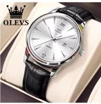 Wit Olevs heren horloge met zwart leer, Zakhorloge, Leer, Staal, Nieuw