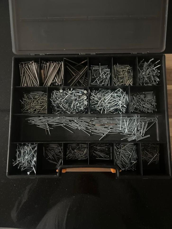 Spijkers assortiment in verdeeldoos, Doe-het-zelf en Verbouw, IJzerwaren en Bevestigingsmiddelen, Gebruikt, Spijkers, Minder dan 50 mm