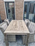 Buitenhof grijzige teaktafel en vier stoelen, Tuin en Terras, Tuinsets en Loungesets, Tuinset, Teakhout, Eettafel, 4 zitplaatsen