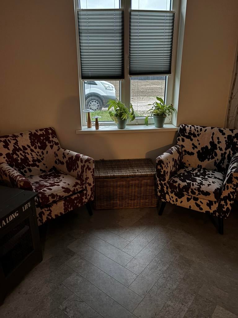 2 mooie nette design stoelen koeienprint, Ophalen of Verzenden, Zo goed als nieuw, 75 tot 100 cm, 50 tot 75 cm