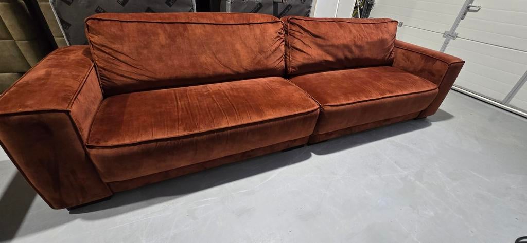 Van Ouds Meubels velvet terracotta bank 4-persoons, Ophalen, Gebruikt, 300 cm of meer, 75 tot 100 cm