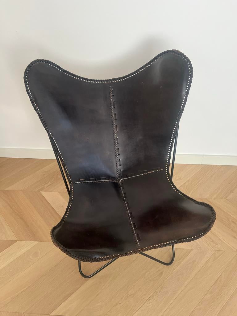 Echt lederen vlinderstoel - Zwart, Gebruikt, Zwart, Leer, Ophalen of Verzenden