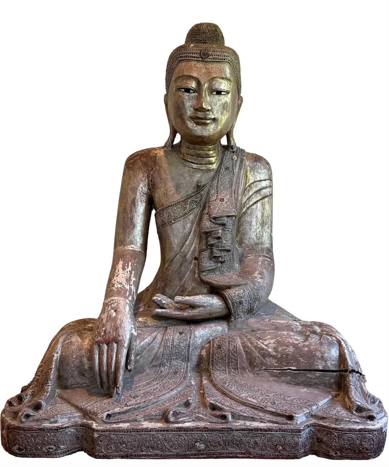 Grote Antieke Houten Boeddha 120 – Mandalay ingelegde ogen, Ophalen of Verzenden