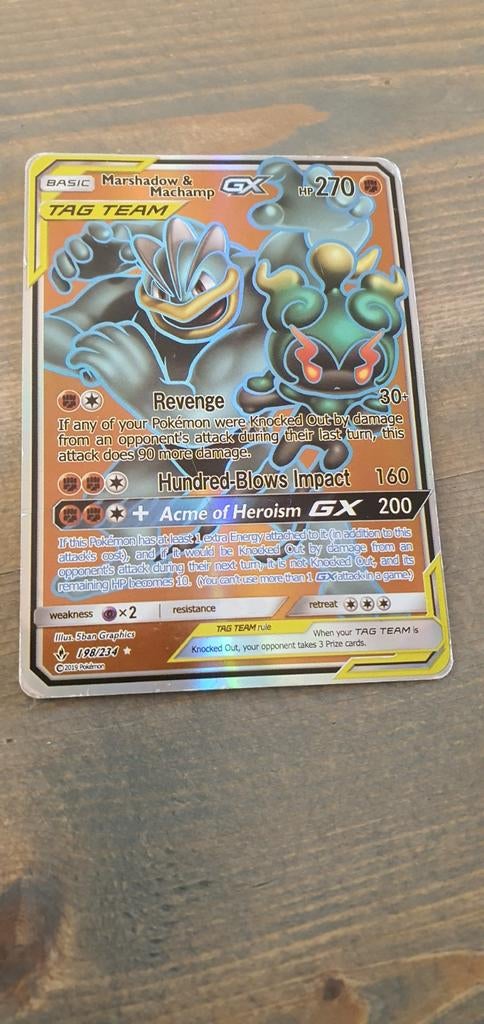Pokémon Kaart: Marshadow & Machamp GX TAG TEAM (198/234), Ophalen of Verzenden, Zo goed als nieuw, Losse kaart