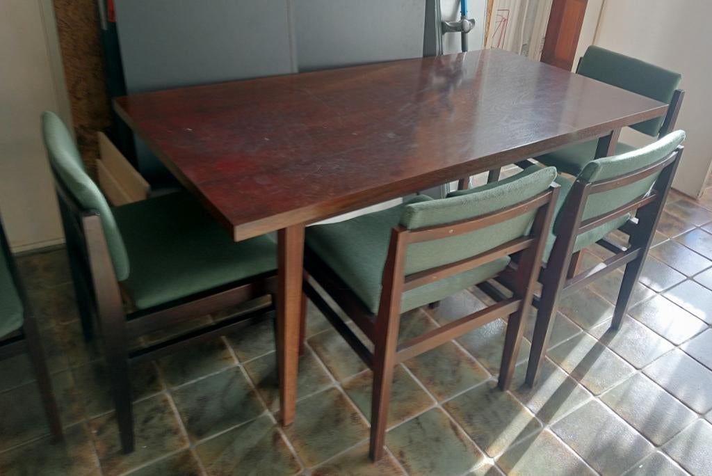 Vintage Pastoe 6 groene stoelen en tafel Cees Braakman, Ophalen, Gebruikt, 4 tot 6 stoelen