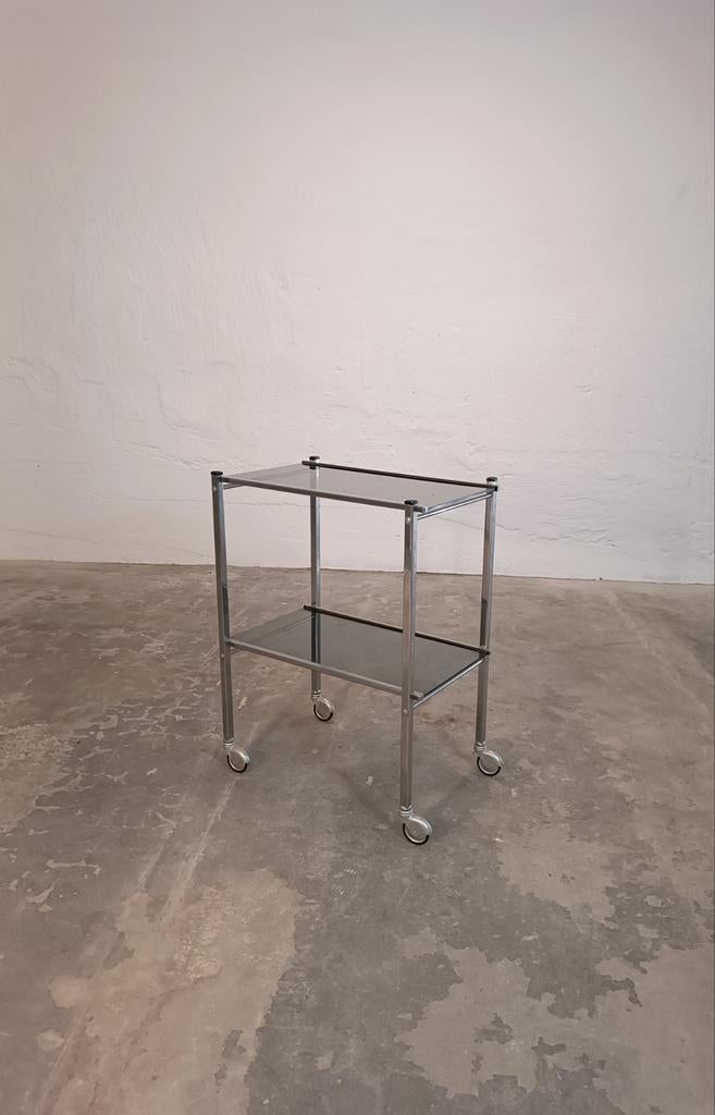 Vintage rookglas en chroom trolley barkar bartafel, Ophalen, Tweedehands, Tweedehands, Glas