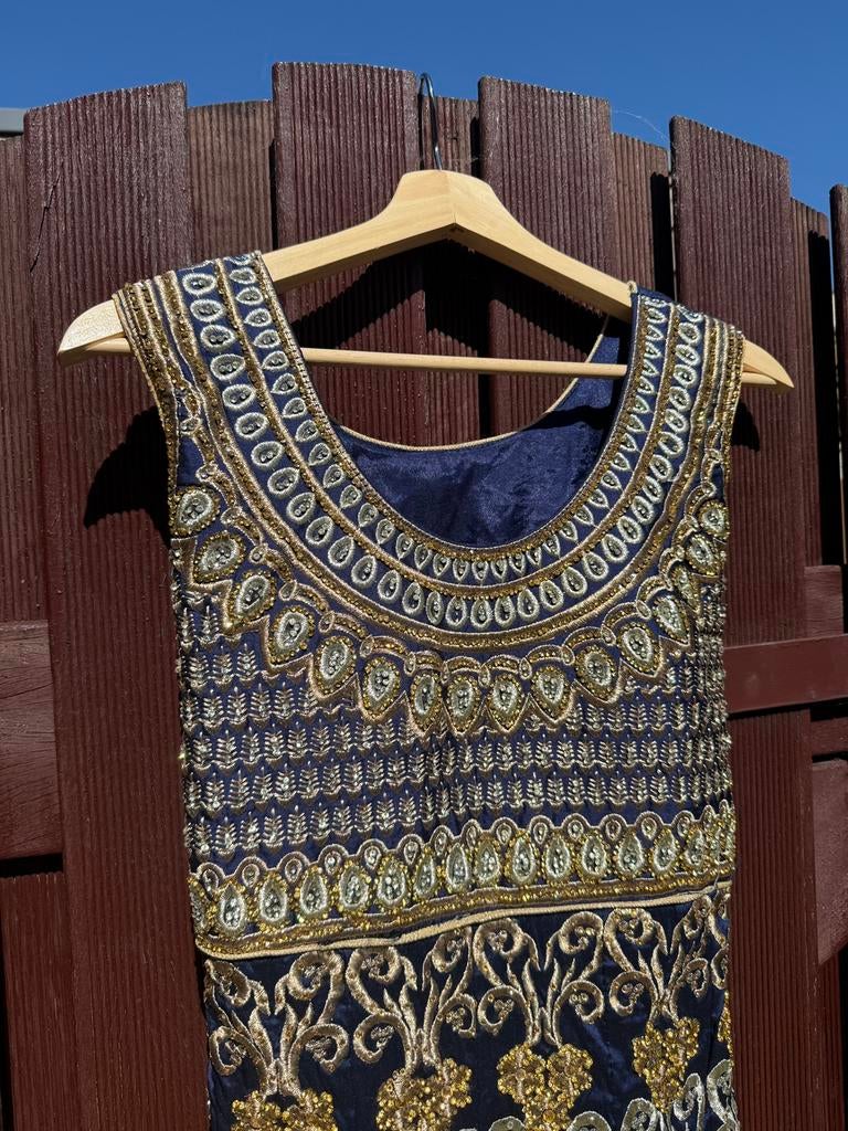 Blauw met goude anarkali/ Indiase jurk, Ophalen of Verzenden, Zo goed als nieuw, Maat 34 (XS) of kleiner, Blauw