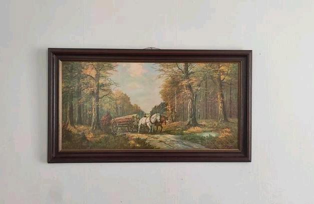 Olieverfschilderij op canvas Paarden en een koetsIn een bos, Antiek en Kunst, Kunst | Schilderijen | Klassiek, Ophalen of Verzenden