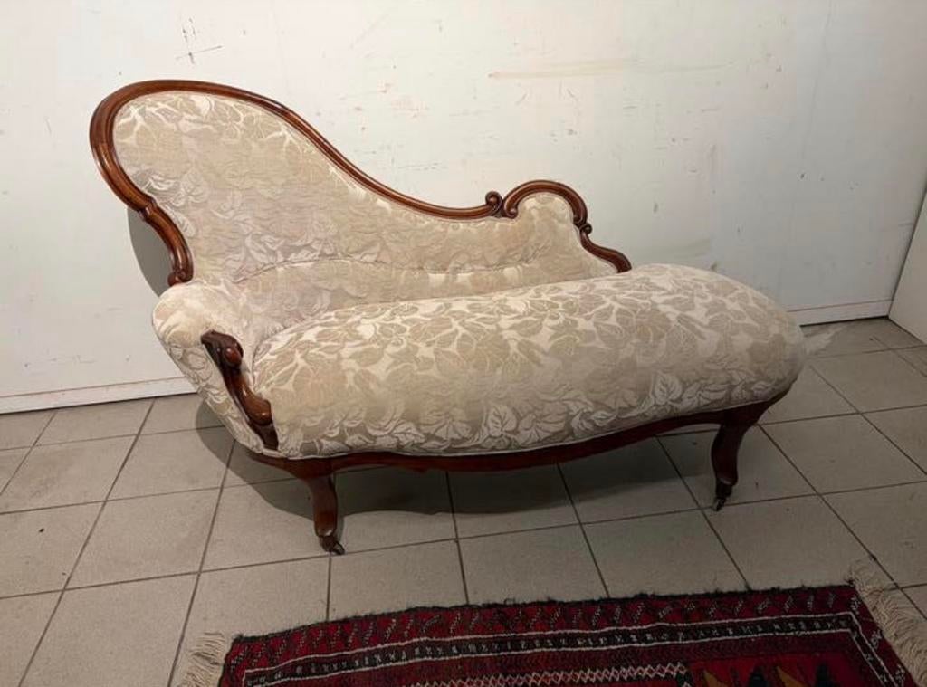 Vintage chaise longue van stof en notenhout 1890 sofa zetel, Huis en Inrichting, Banken | Sofa's en Chaises Longues, Ophalen, Gebruikt