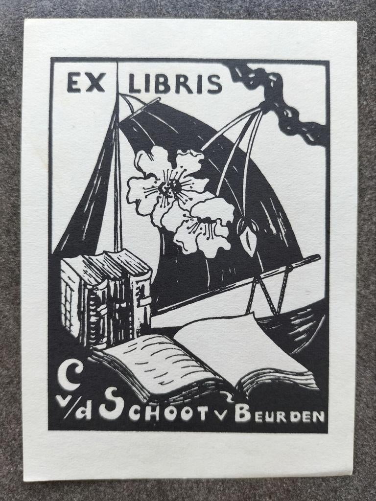 Exlibris C. v/d Schoot v Beurden (boeken, zeilboot, bloesem), Antiek en Kunst, Kunst | Etsen en Gravures, Ophalen of Verzenden