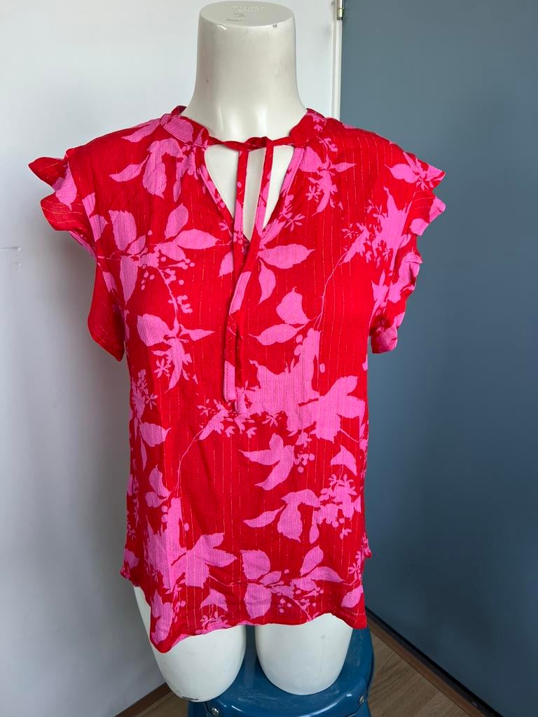 C&s the label roze rood bloemen top gouden krijtstreep xs, Ophalen of Verzenden, Zo goed als nieuw, X, Zonder mouw