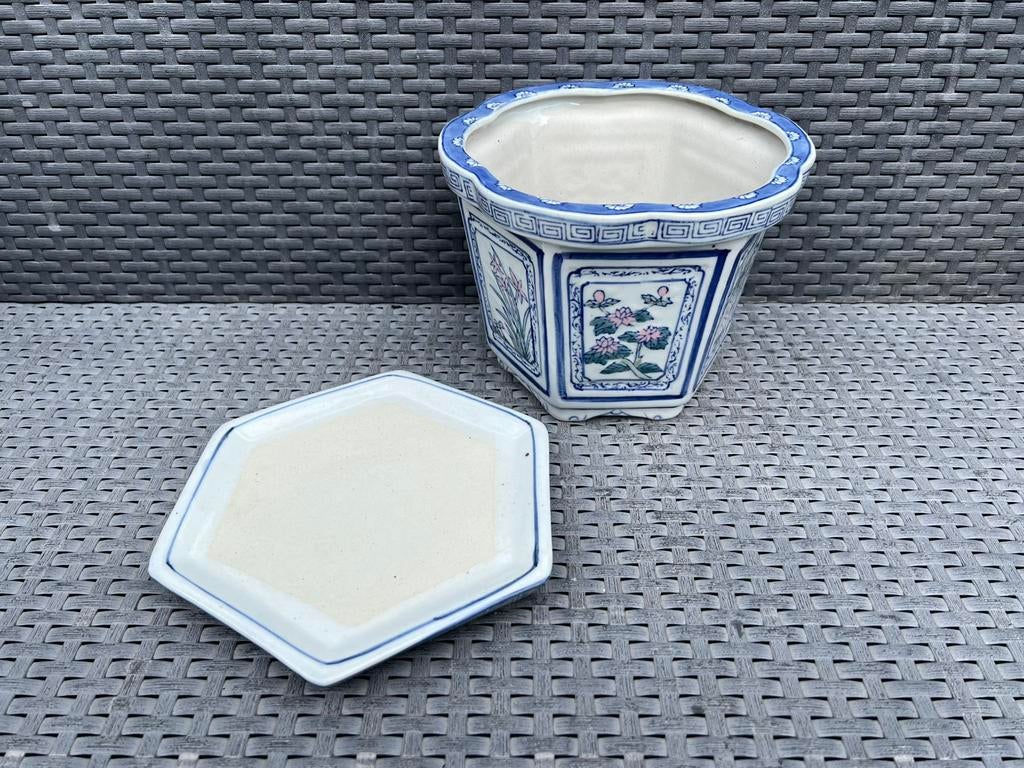 Bonsai pot gemerkt gedecoreerd porselein met onderzetter., Tuin en Terras, Bloempotten, Overige materialen, Ophalen of Verzenden