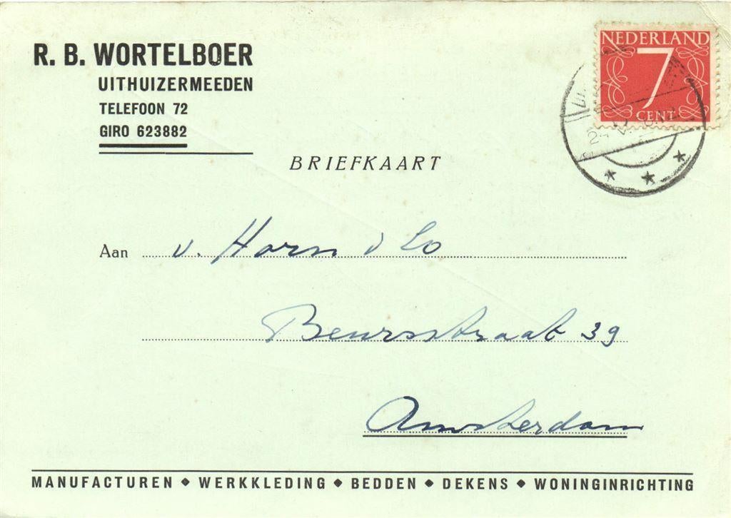 R.B. Wortelboer, Uithuizermeeden - 05.1956 - briefkaart, Ophalen of Verzenden, Briefkaart
