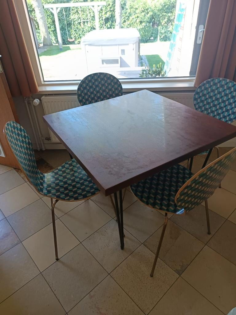 Tafel + 4 stoelen, Huis en Inrichting, Tafels | Eettafels, Gebruikt, 50 tot 100 cm, Vierkant, 50 tot 100 cm