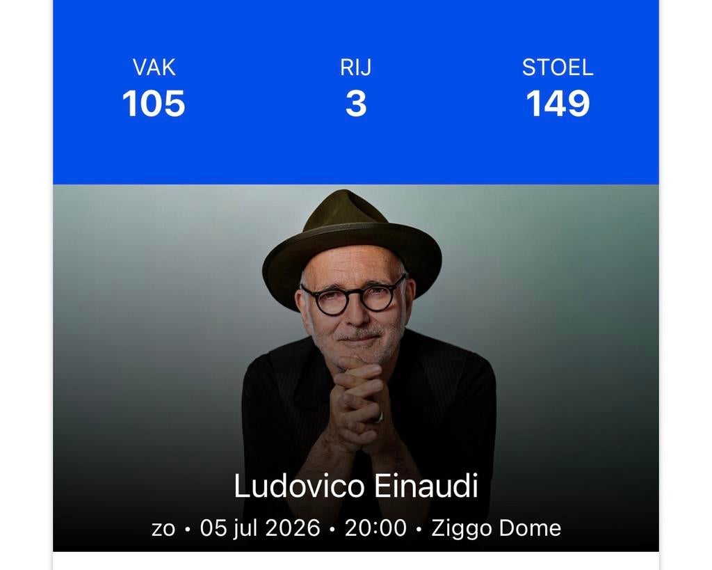 1 Kaartje Ludovico Einaudi Topplek!, Tickets en Kaartjes, Eén persoon, Juli, Instrumentaal