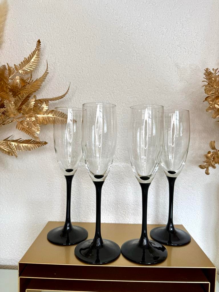 Vintage Luminarc Domino champagnefluiten, zwarte steel, Ophalen of Verzenden