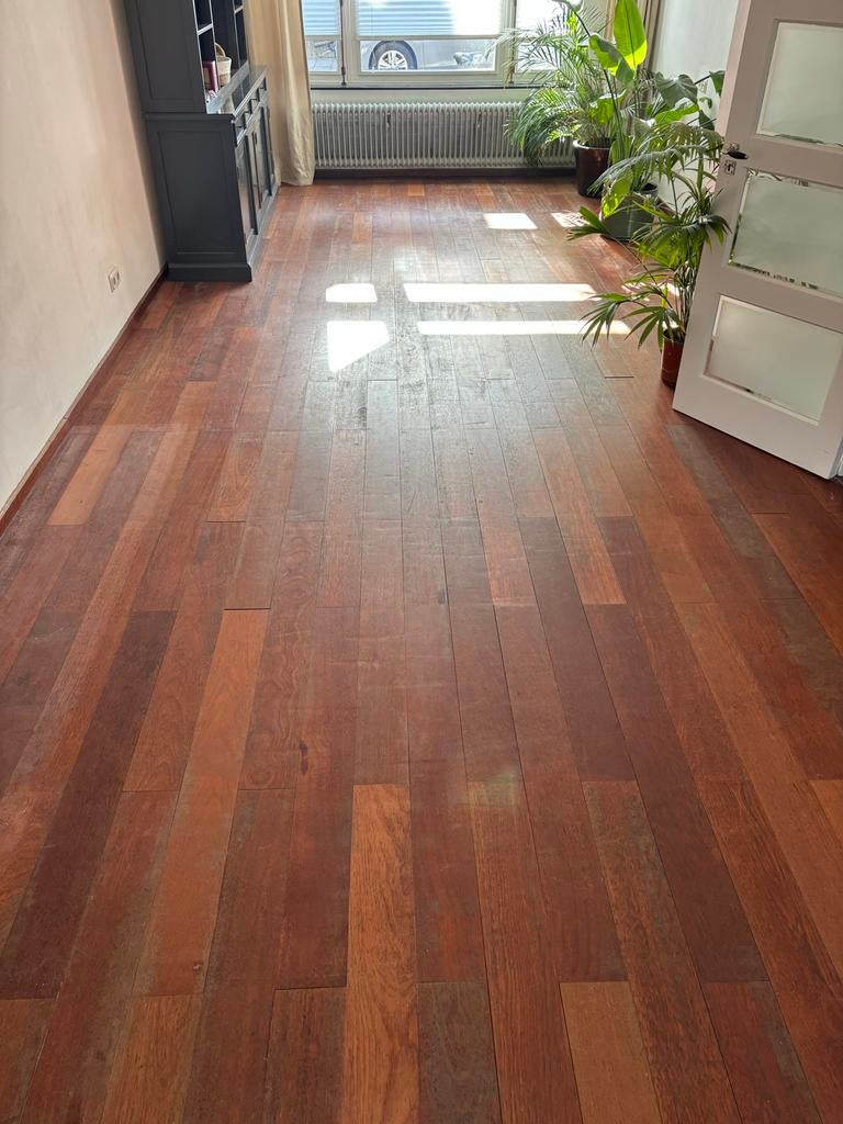 Merbau houten vloer 40m2, Ophalen, Gebruikt, Vloerdelen of -planken, 10 m² of meer