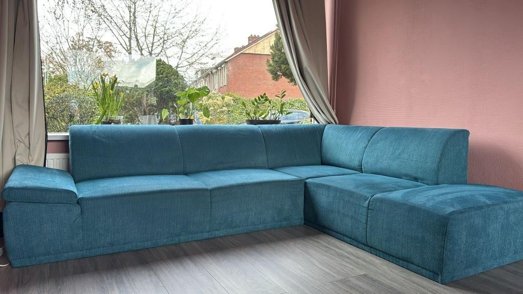Hoekbank Blauw/Petrol met chaise longue, Huis en Inrichting, Banken | Bankstellen, Ophalen, 250 tot 300 cm, Gebruikt, Hoekbank