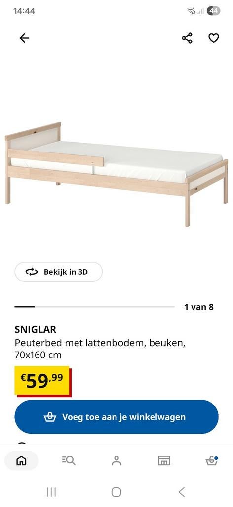 2x IKEA SNIGLAR Peuterbed met matras, zo goed als nieuw, 70 tot 85 cm, Zo goed als nieuw, 160 tot 180 cm, Ophalen