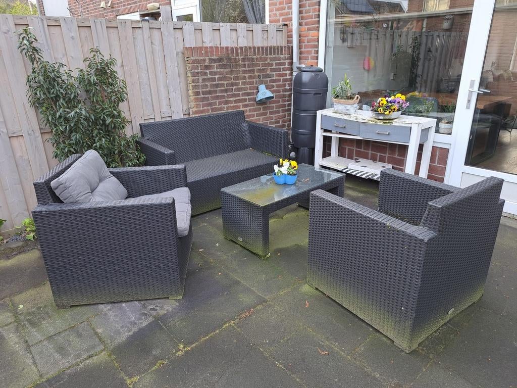 Zwarte Wicker Tuinmeubelset met Tafel en Grijze Kussens, Tuin en Terras, Tuinsets en Loungesets, Ophalen, Wicker, Bank