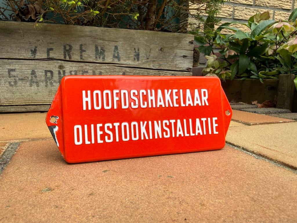Oud emaille bordje oliestook installatie kachel olie stook, Ophalen of Verzenden, Gebruikt, Reclamebord