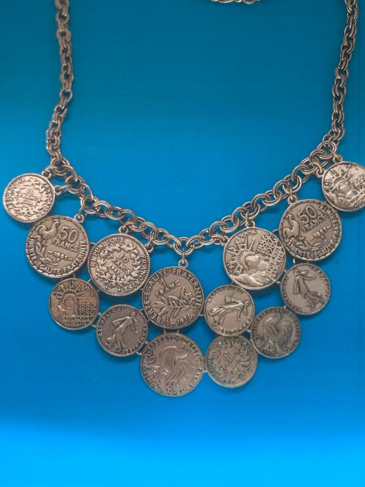 Vintage ketting met Franse munten, Sieraden, Tassen en Uiterlijk, Kettingen, Gebruikt, Overige materialen, Zilver, Ophalen of Verzenden