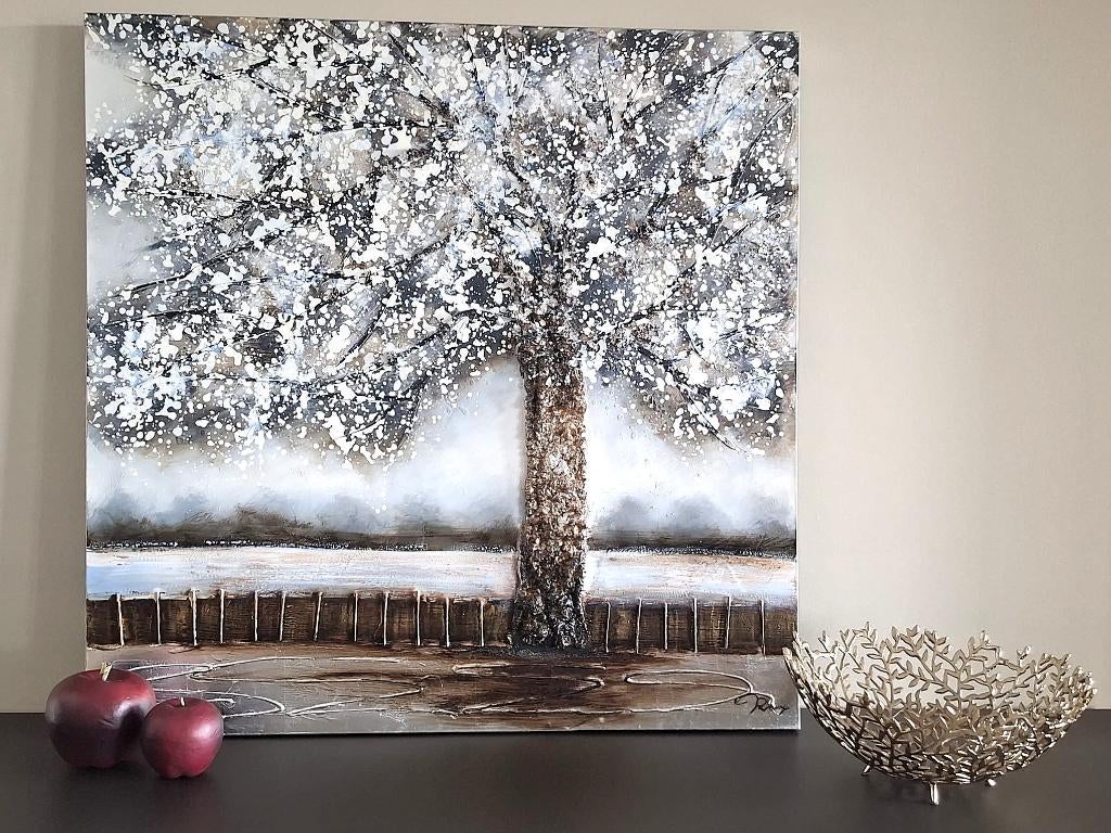 Modern kunstschilderij  ,,Boom,, bruin zilverkleuren, Ophalen