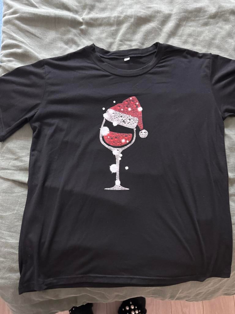 Zwart T-shirt met kerst wijnglas print, Zwart, Maat 42/44 (L), Ophalen of Verzenden, Korte mouw
