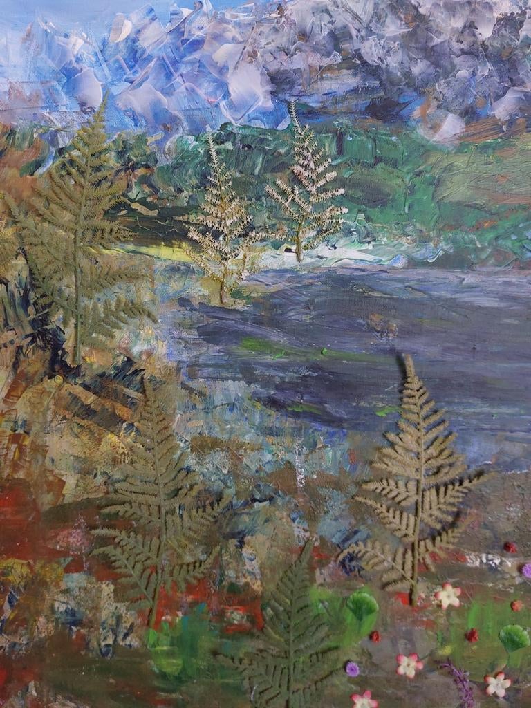 Schilderij Berglandschap met Meer en Bloemen, Ophalen